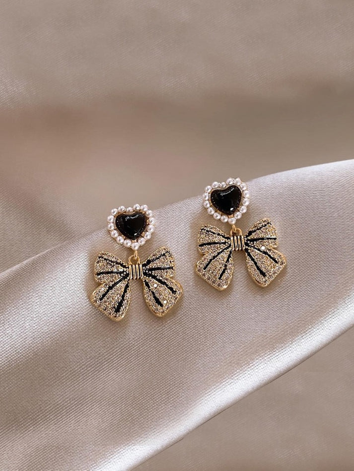 Black Bow Heart Drop Earring - SubhagAlankar
