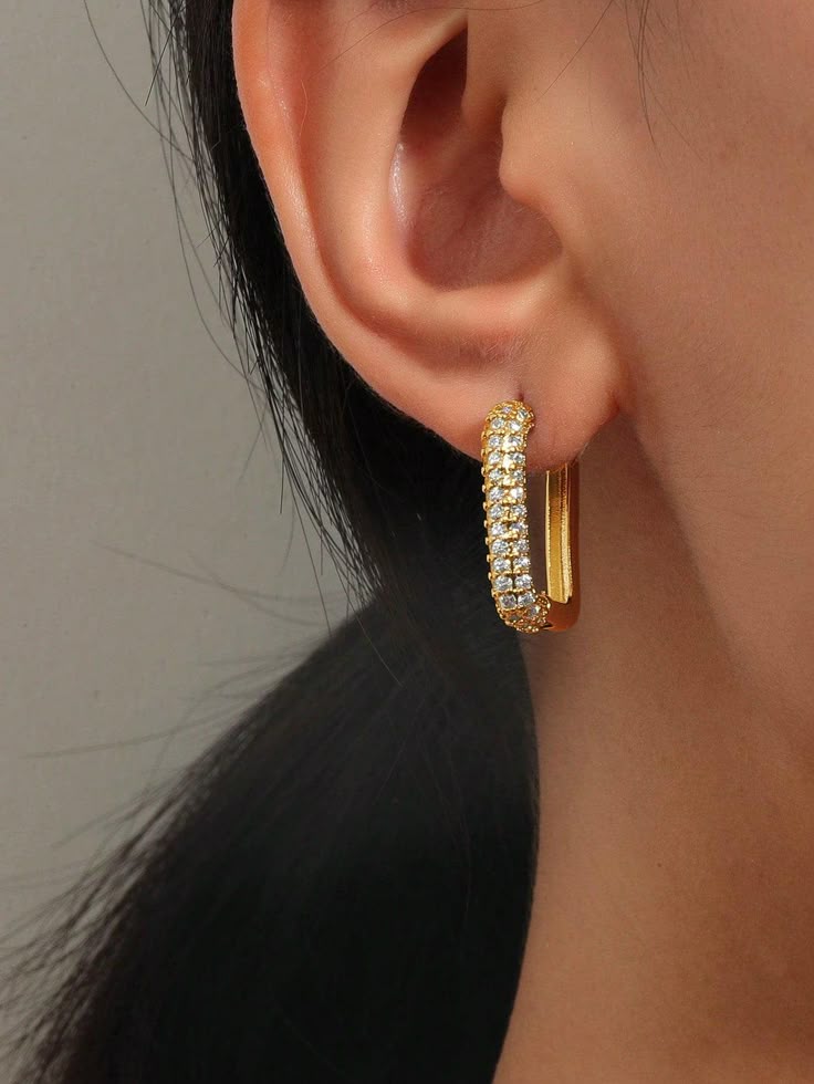 Gold Pave Rectangular Hoop Earrings