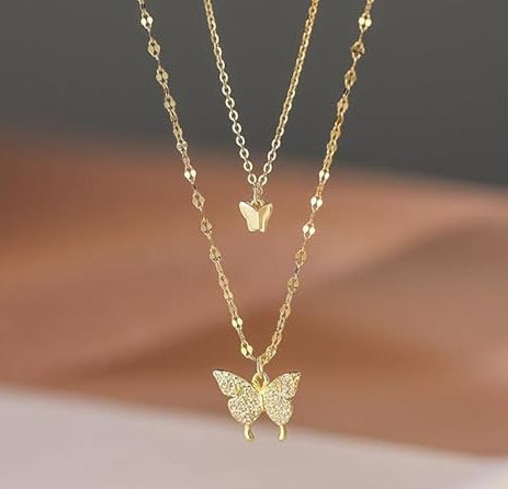 Rhinestone-Studded Butterfly Duo Chain Necklace - Gold - SubhagAlankar