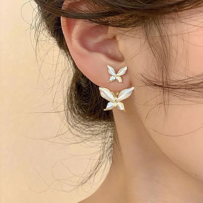 White Enamel Duo Butterfly Earrings - SubhagAlankar