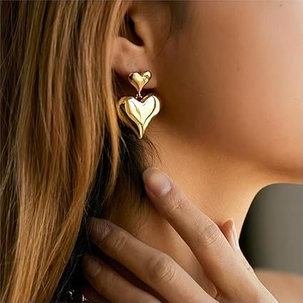 Golden Double Heart Dangler Earring