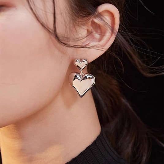 Silver Double Heart Dangler Earring