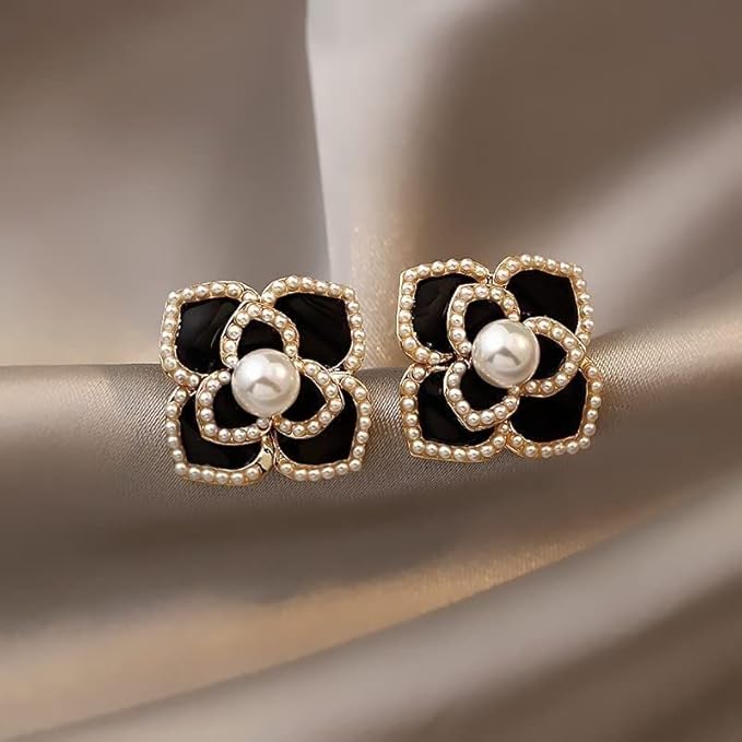 Charm Black Floral Pearl Studs Earring - SubhagAlankar
