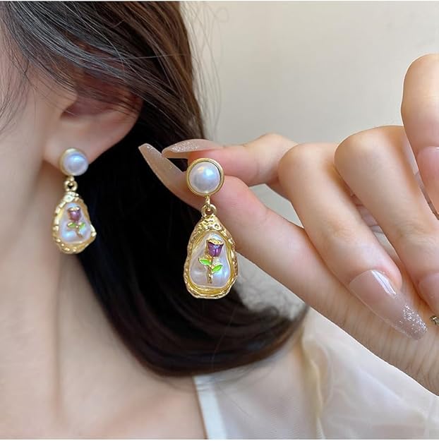 Baroque Pearl Floral Dangle Earrings - SubhagAlankar