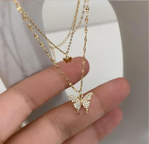Rhinestone-Studded Butterfly Duo Chain Necklace - Gold - SubhagAlankar