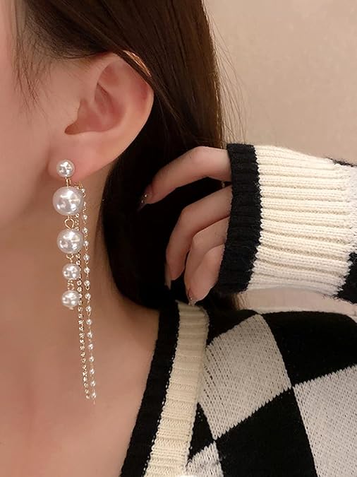Boho Long Pearl Dangle Earrings - SubhagAlankar