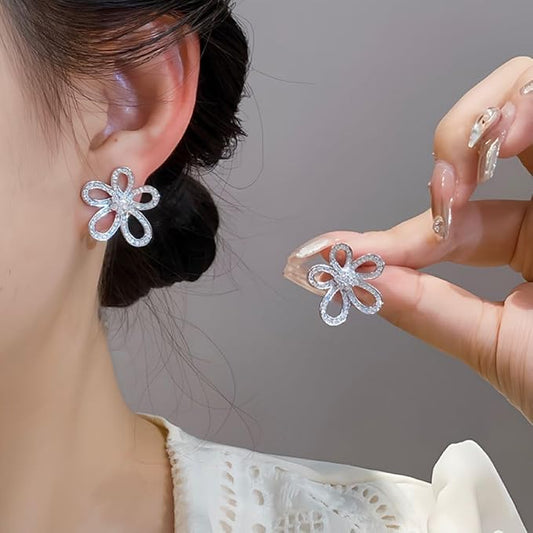 Rhinestone Hollow Flower Petal Earrings-SILVER - SubhagAlankar