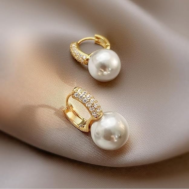 Gold Plated Pearl Stone Huggie Earring - SubhagAlankar