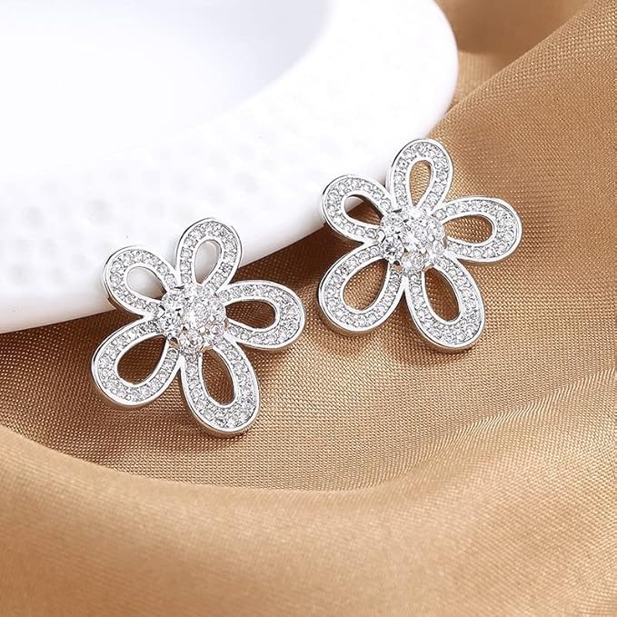 Rhinestone Hollow Flower Petal Earrings-SILVER - SubhagAlankar