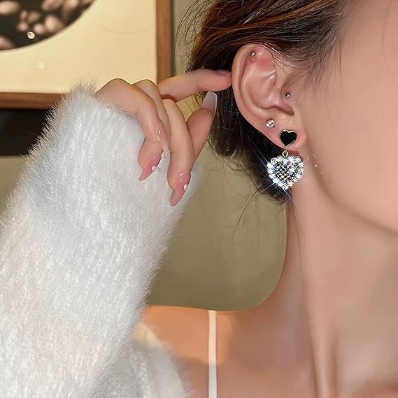 Sparkling Black Heart Drop Earrings - SubhagAlankar