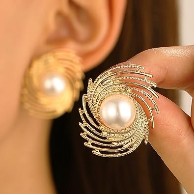 Golden Spiral Pearl Stud Earring - SubhagAlankar