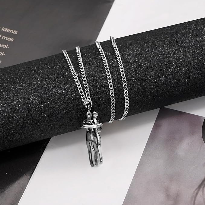 Together Forever Couple Hug Necklace-Silver - SubhagAlankar