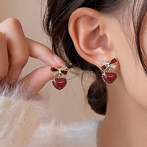 Elegant Red Bow Heart Drop Earring - SubhagAlankar