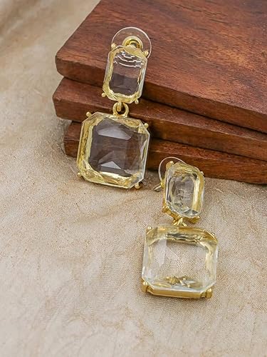 Clear Crystal Square Drop Earrings - SubhagAlankar