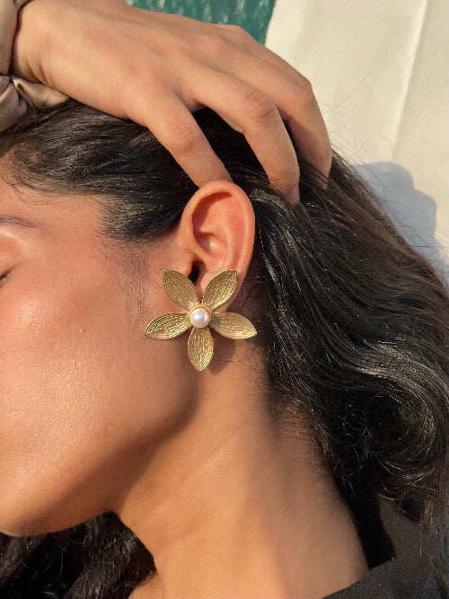 Lustrous Petal Pearl Earrings - Statement - SubhagAlankar