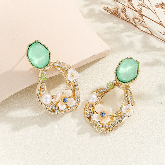 Elegant Green Gem Floral Drop Earring - SubhagAlankar