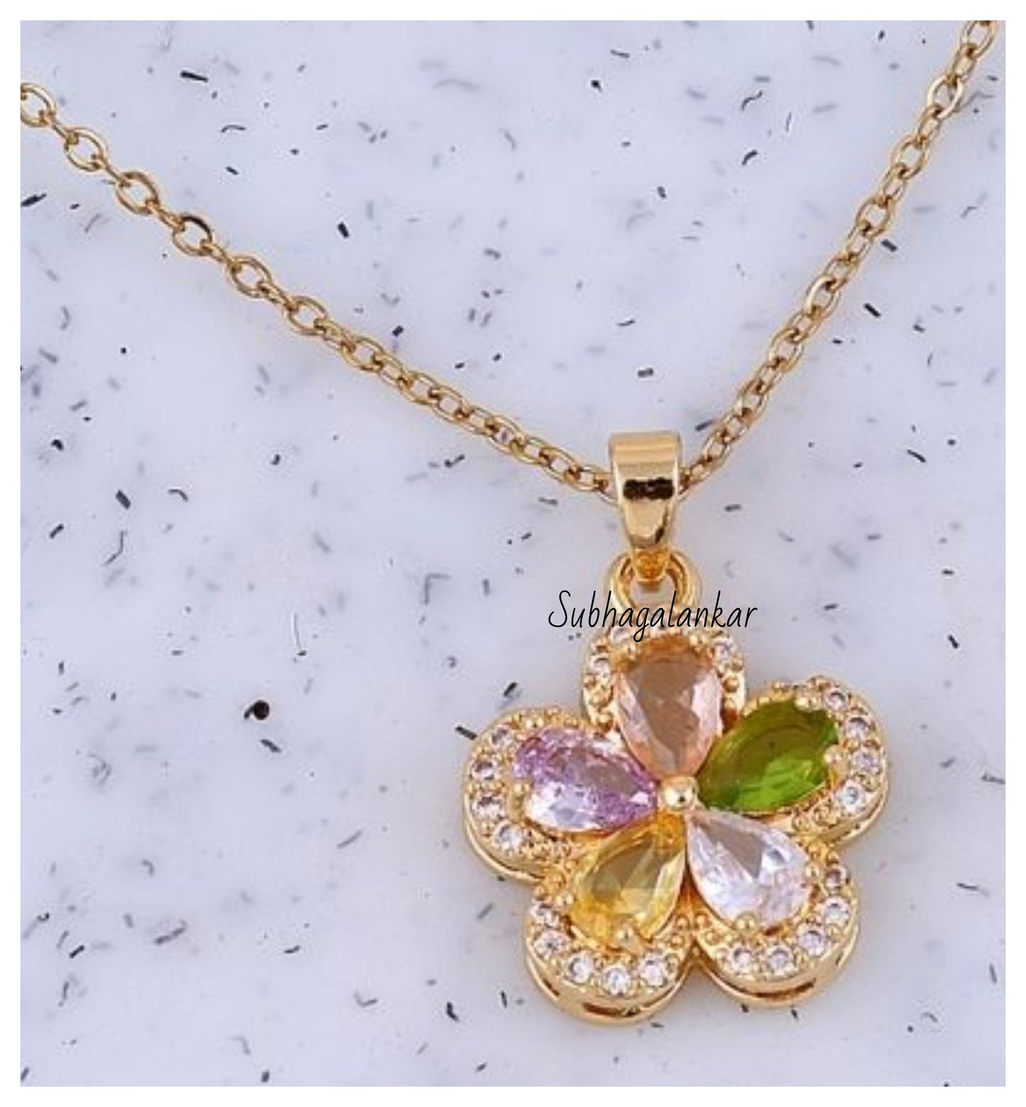 Yuna's Colourful Flower Peandant Necklace - Golden - SubhagAlankar