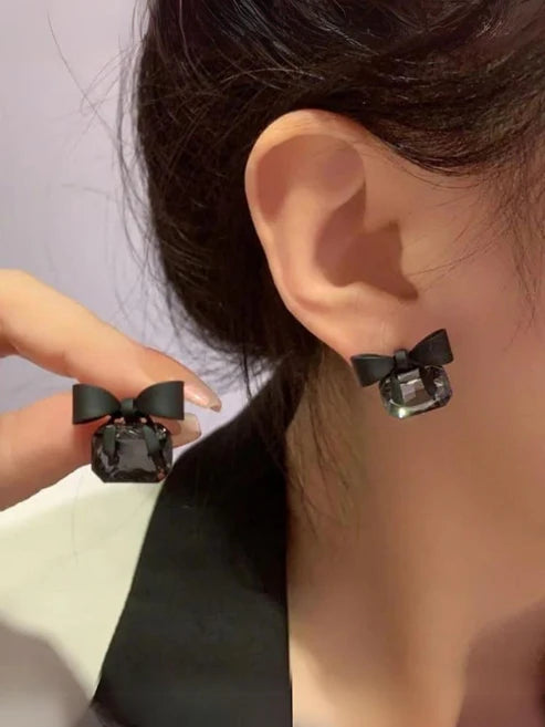 Black Bow Stone Stud Earrings - SubhagAlankar