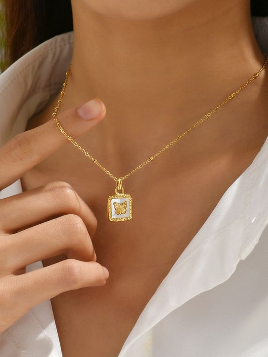 Golden Butterfly Square Pendant Necklace