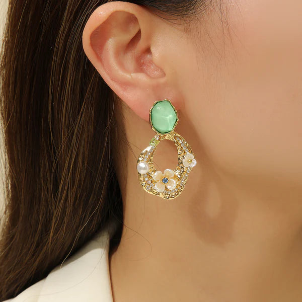 Elegant Green Gem Floral Drop Earring - SubhagAlankar