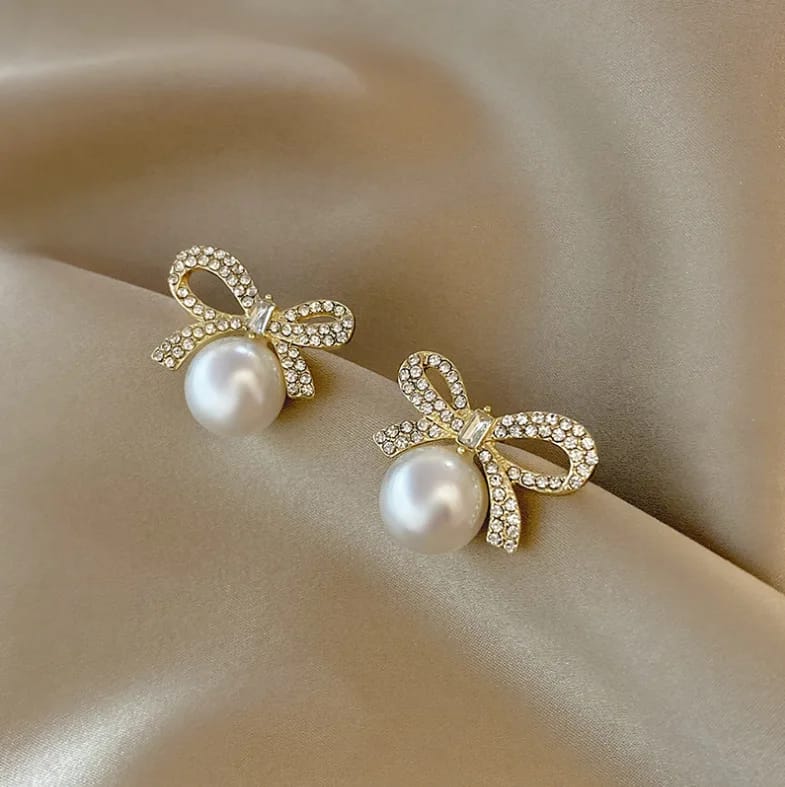 Golden Bow Pearl Stone Stud Earring - SubhagAlankar