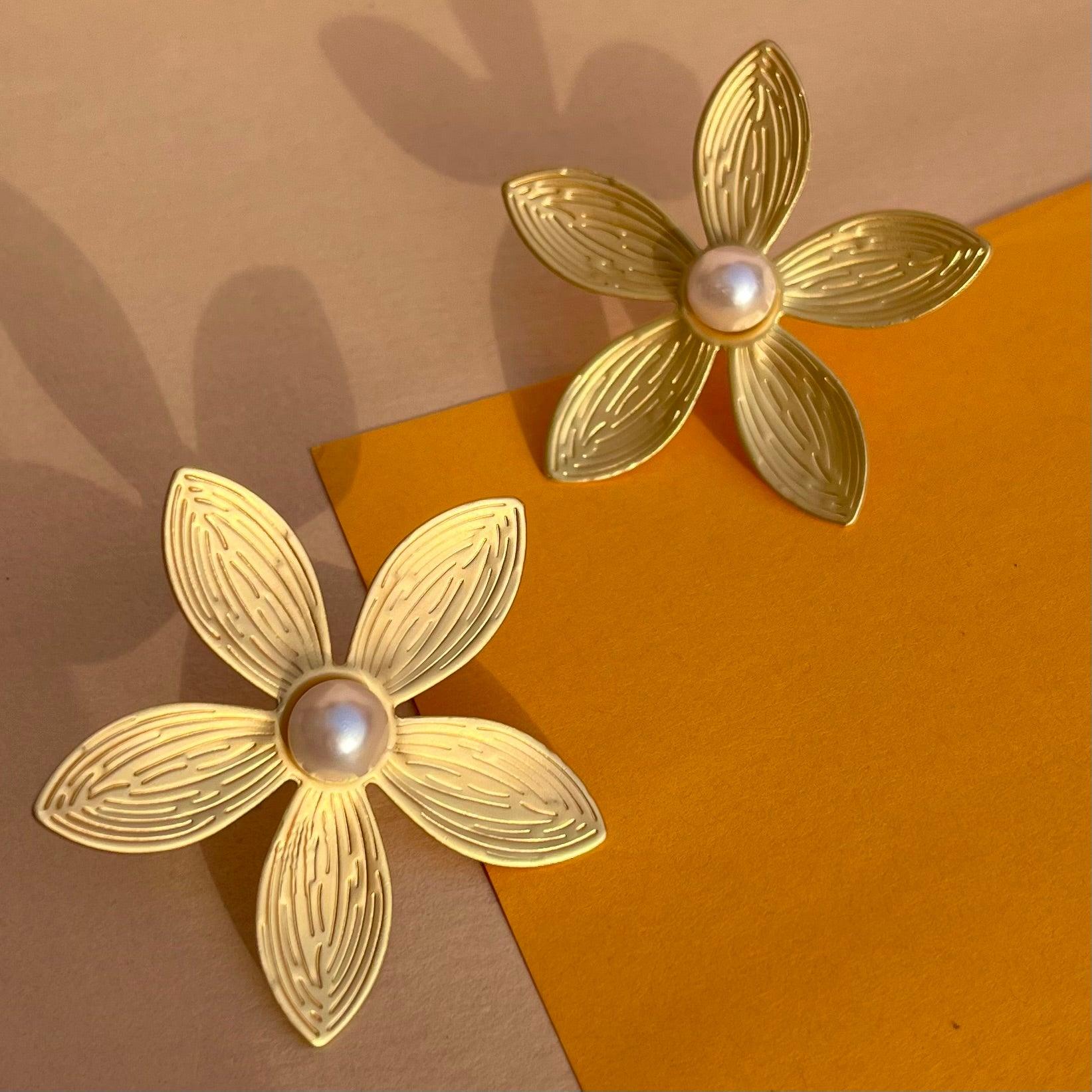 Lustrous Petal Pearl Earrings - Statement - SubhagAlankar
