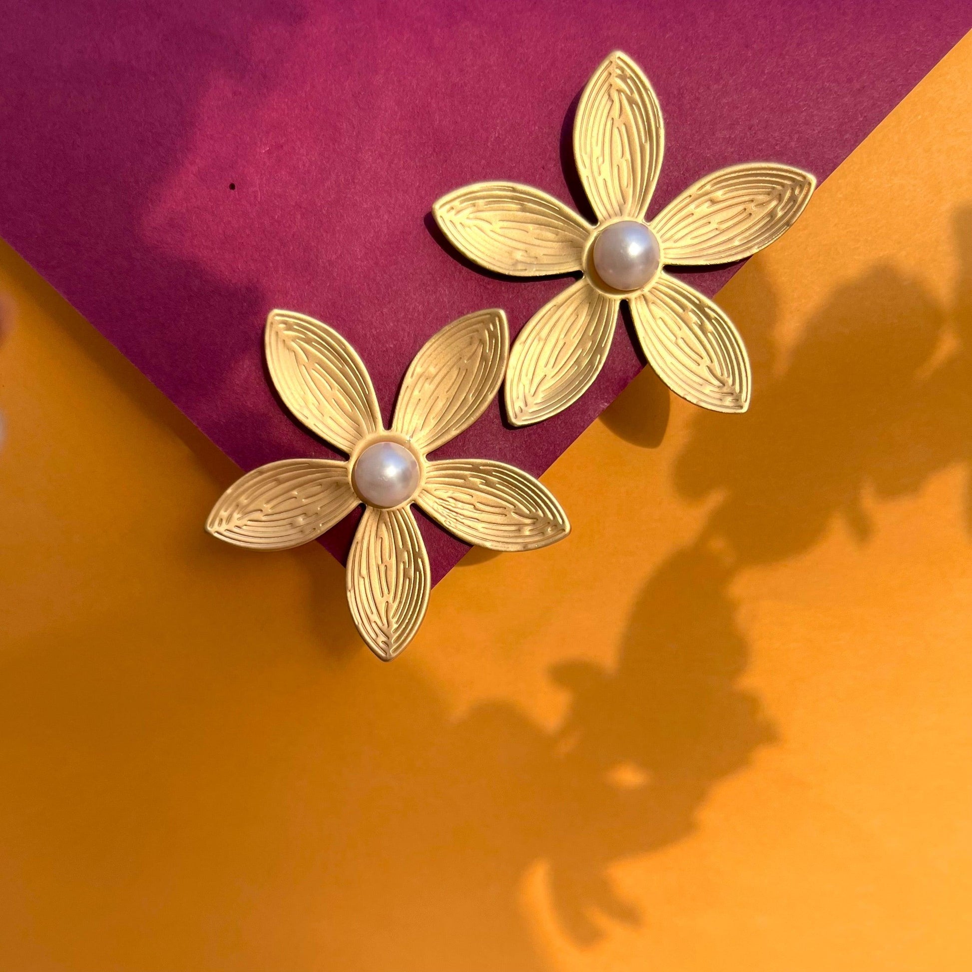Lustrous Petal Pearl Earrings - Statement - SubhagAlankar