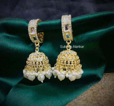 Gold & White Kundan Earrings With Pearls - SubhagAlankar