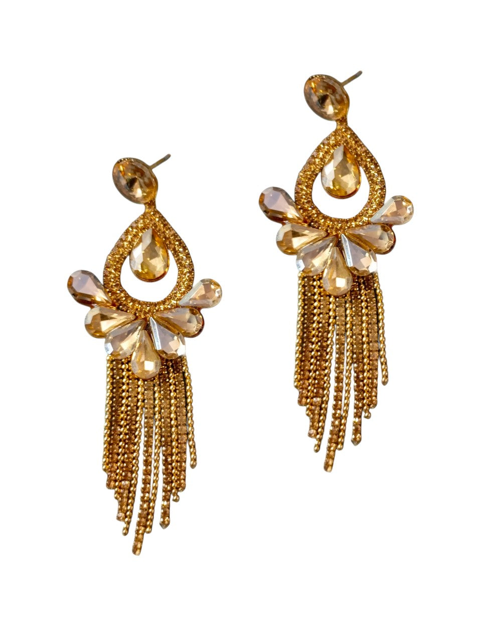 Gold Teardrop Crystal Tassel Earring - SubhagAlankar