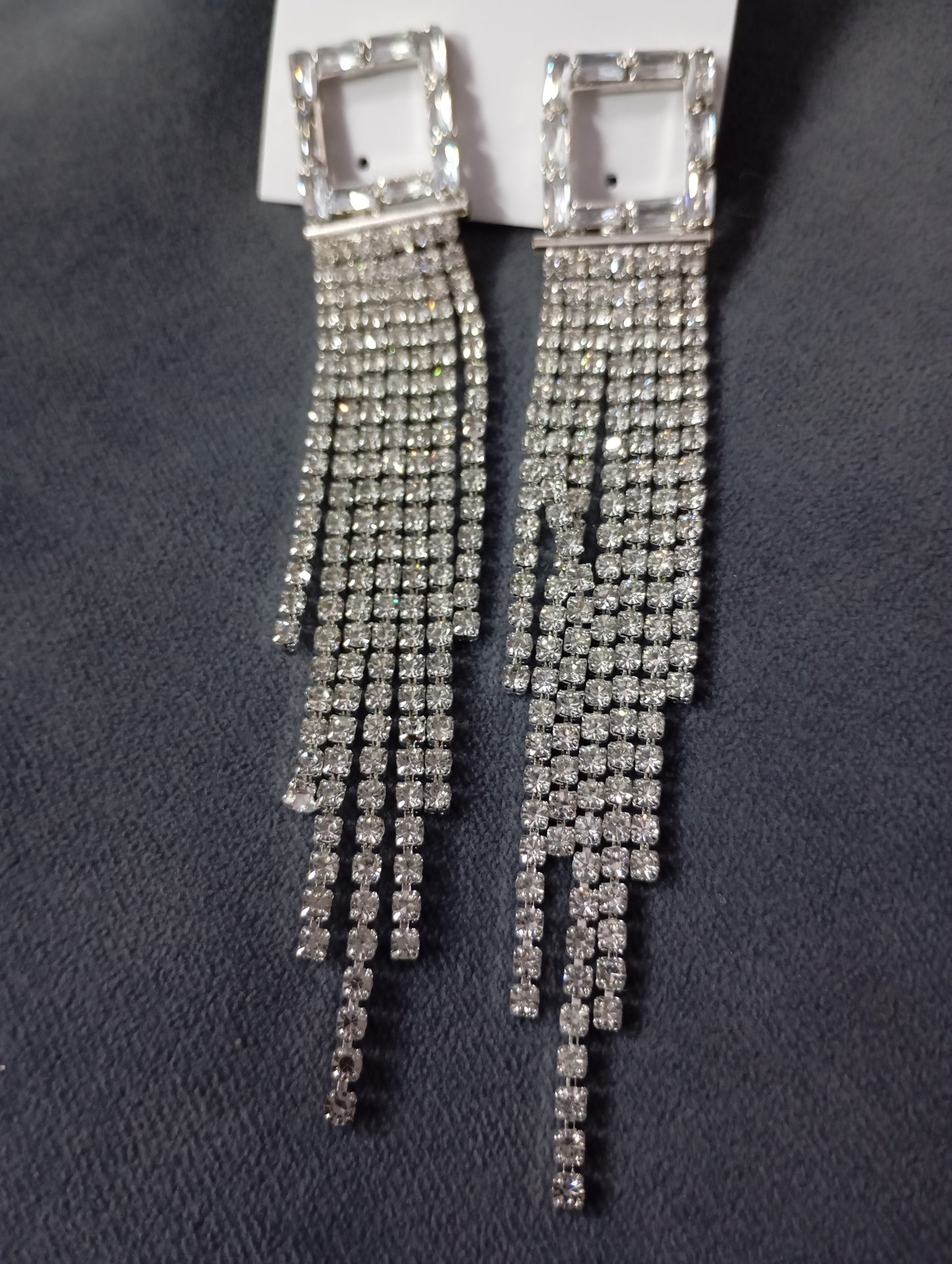 Rhinestone Long Square Tassel Earrings - Silver - SubhagAlankar
