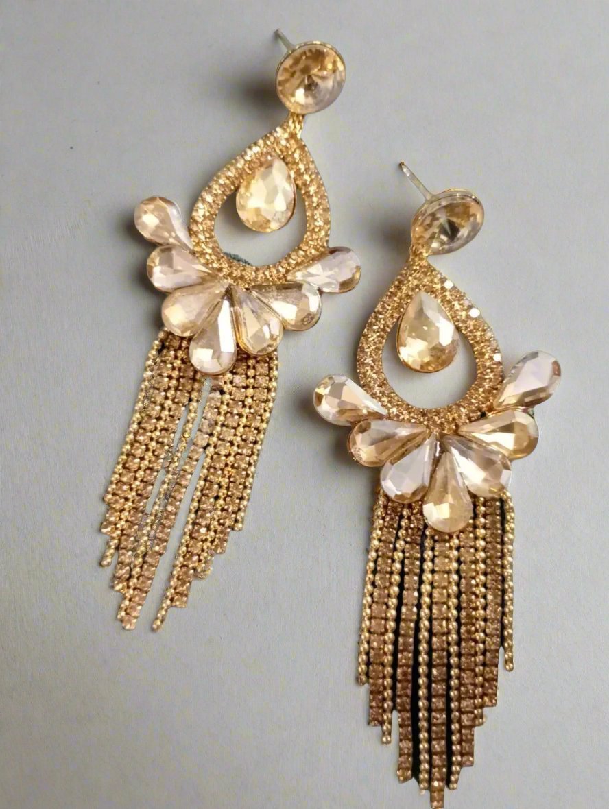 Gold Teardrop Crystal Tassel Earring - SubhagAlankar