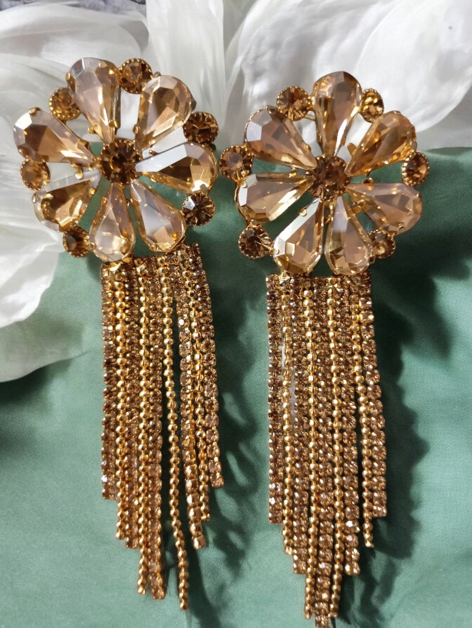 Golden Crystal Flower Tassel Earrings - SubhagAlankar