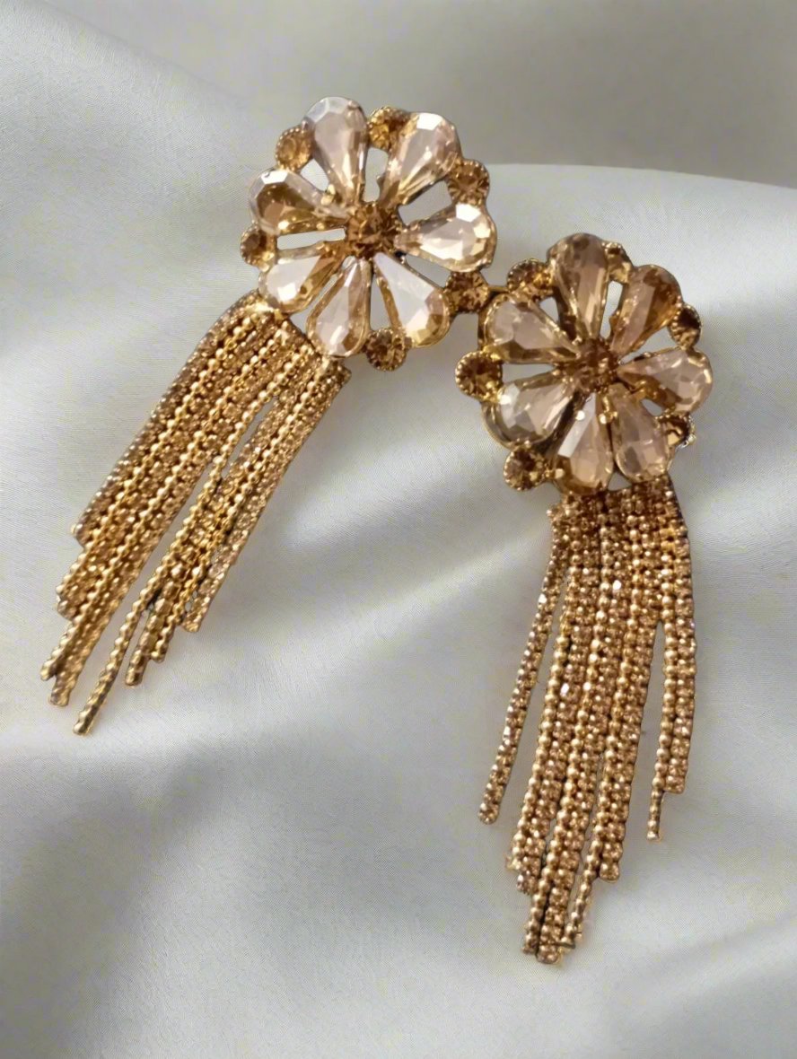 Golden Crystal Flower Tassel Earrings - SubhagAlankar