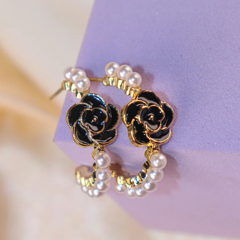 Gold Plated Black Rose Pearl Hoop - SubhagAlankar