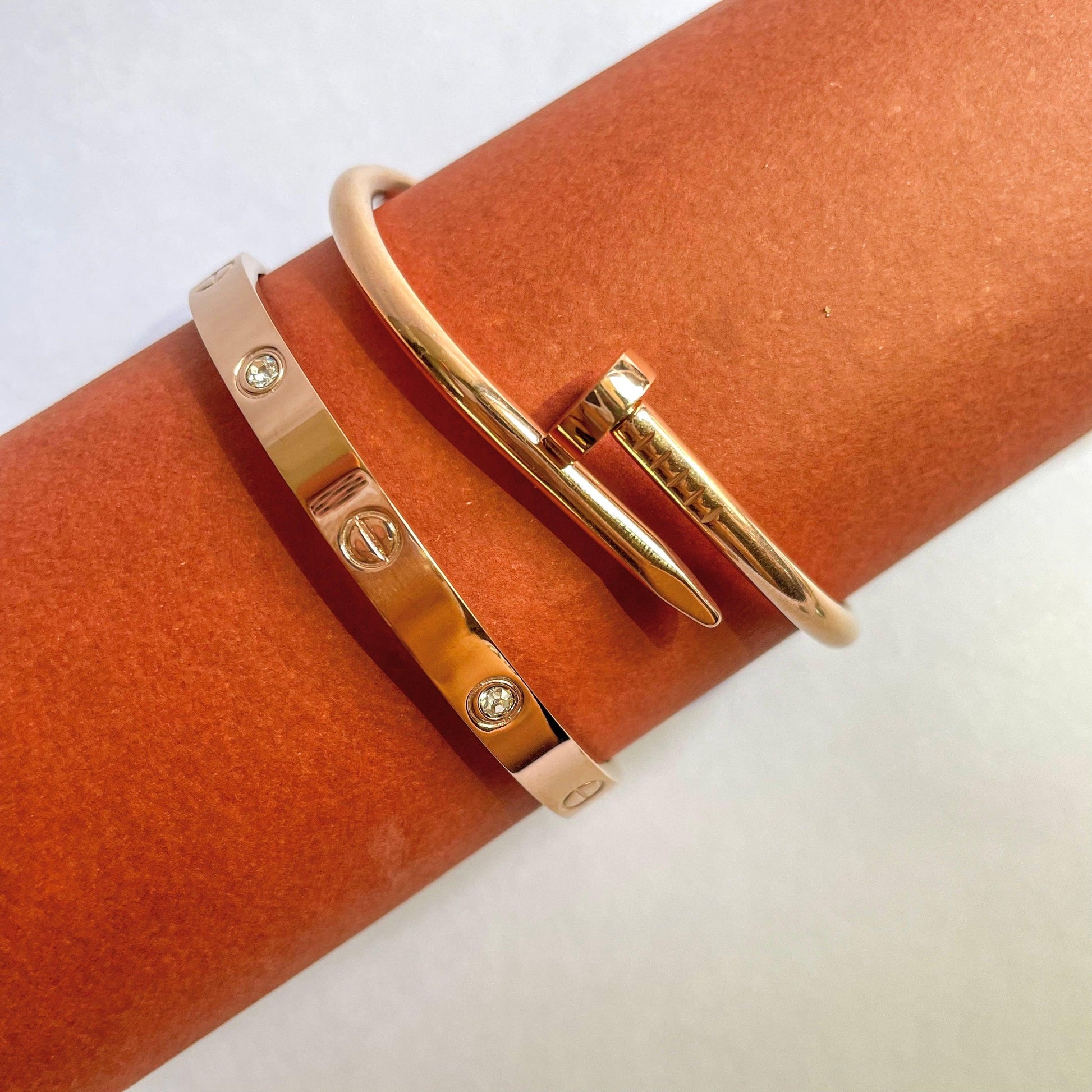 2 pair of Stainless Steel Rose Gold Toned Love Band Bangle Bracelet - SubhagAlankar