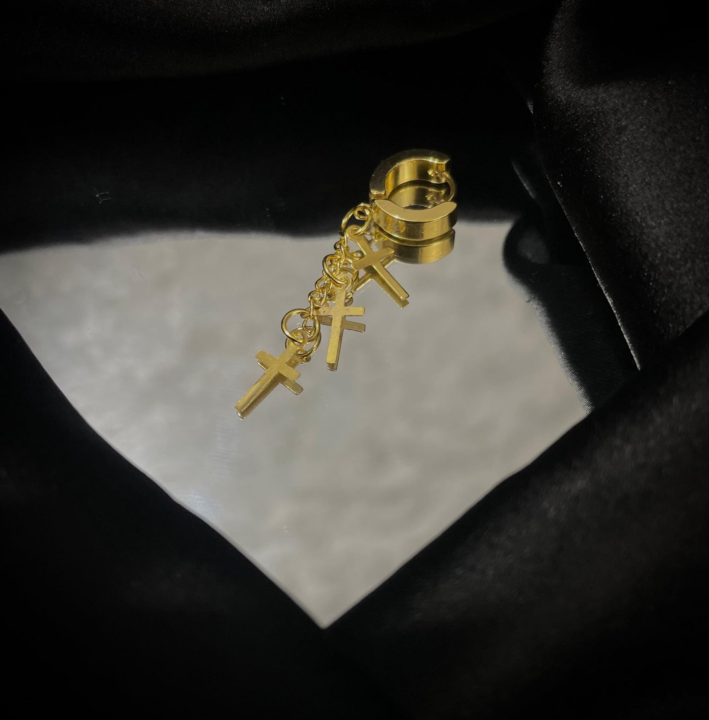 3 Cross Gold Stainless Steel Earring for Men (one ear) - SubhagAlankar
