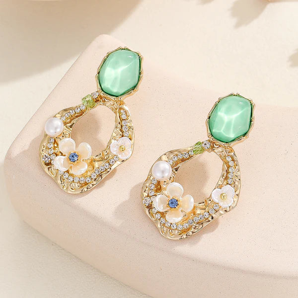Elegant Green Gem Floral Drop Earring - SubhagAlankar