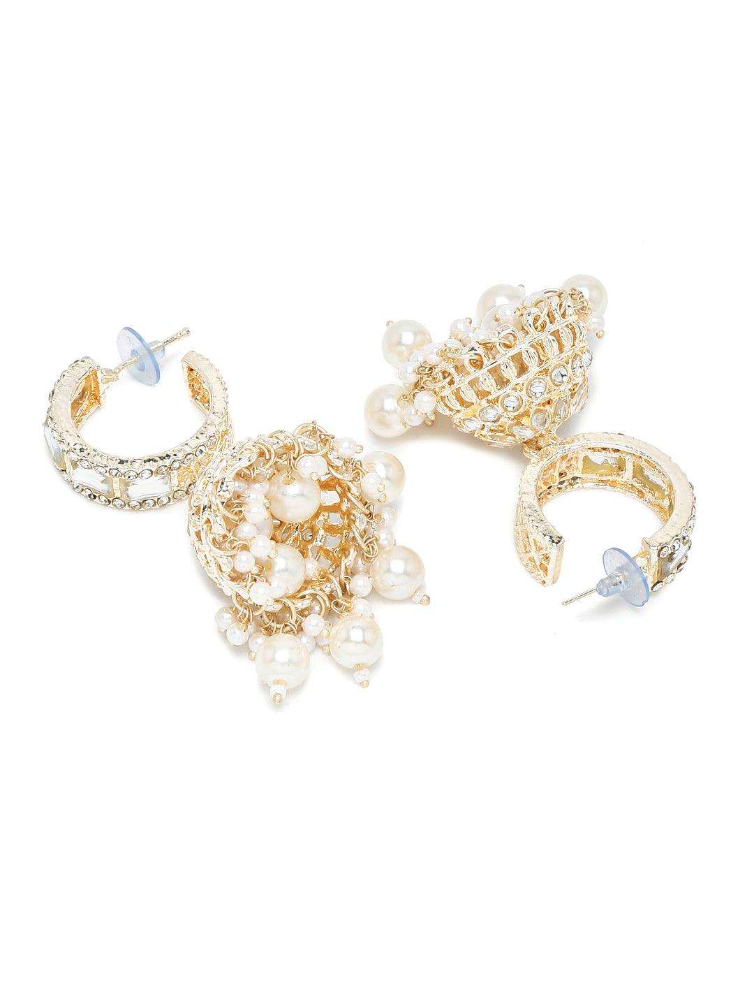 Gold & White Kundan Earrings With Pearls - SubhagAlankar