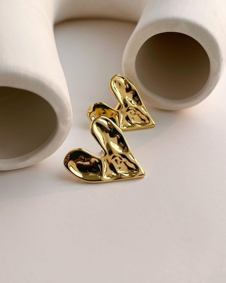 Hammered Heart Gold Earrings