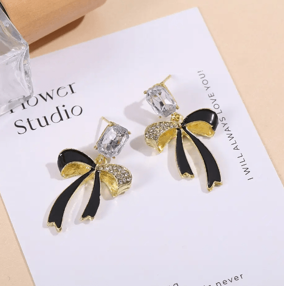 Rhinestone Decor Bow Drop Earrings - SubhagAlankar