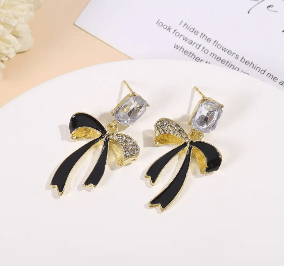 Rhinestone Decor Bow Drop Earrings - SubhagAlankar