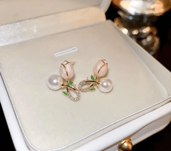 Blossoming Tulip Cross Pearl Studs - SubhagAlankar