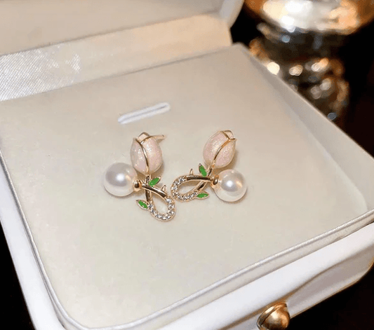 Blossoming Tulip Cross Pearl Studs - SubhagAlankar