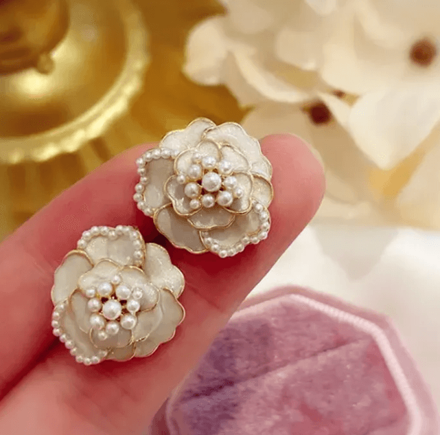 White Enamel Rose Stud - SubhagAlankar