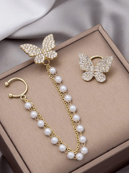 Elegant Butterfly Stone Pearl Earcuff - SubhagAlankar