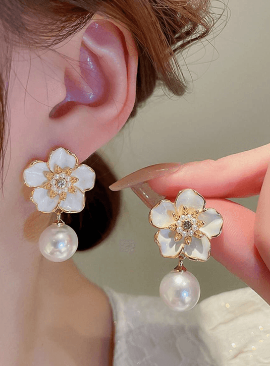 Gardenia Pearl Drop Earrings - SubhagAlankar