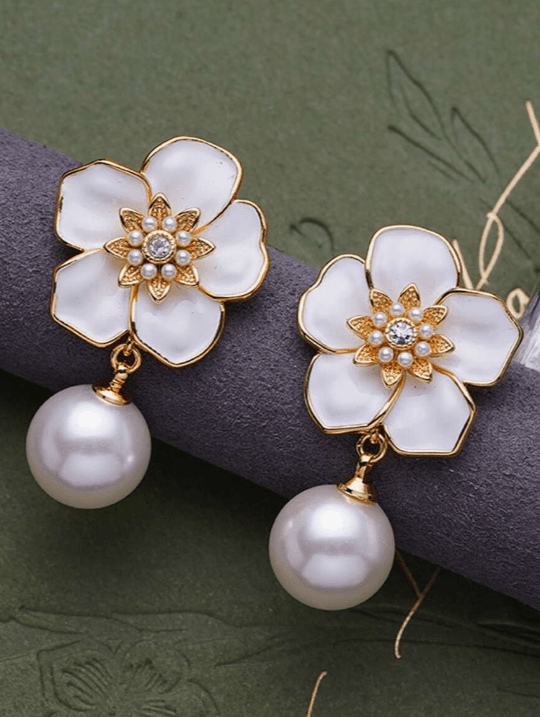 Gardenia Pearl Drop Earrings - SubhagAlankar