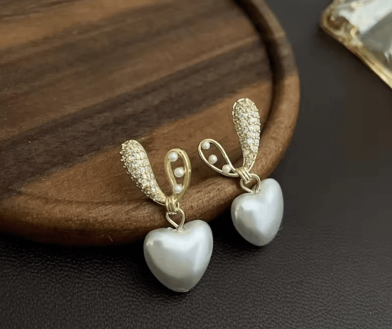 Crystal-Studded Heart Drop Earrings with Pearls - SubhagAlankar