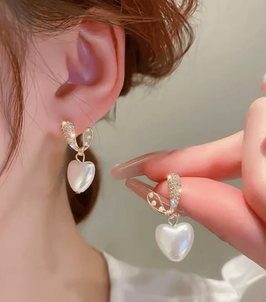Crystal-Studded Heart Drop Earrings with Pearls - SubhagAlankar
