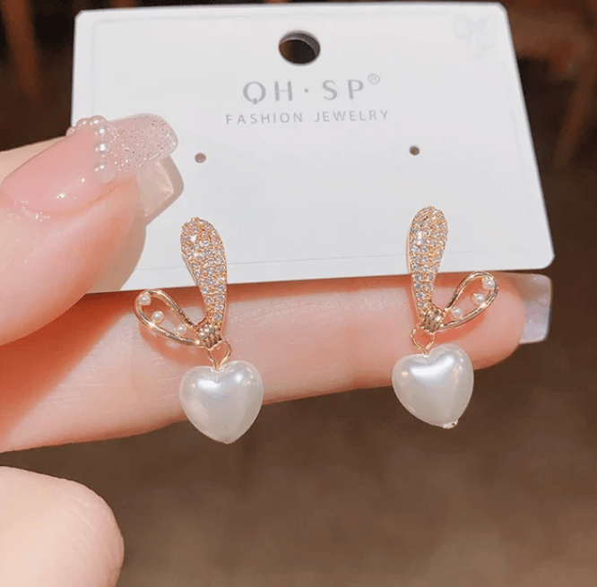 Crystal-Studded Heart Drop Earrings with Pearls - SubhagAlankar